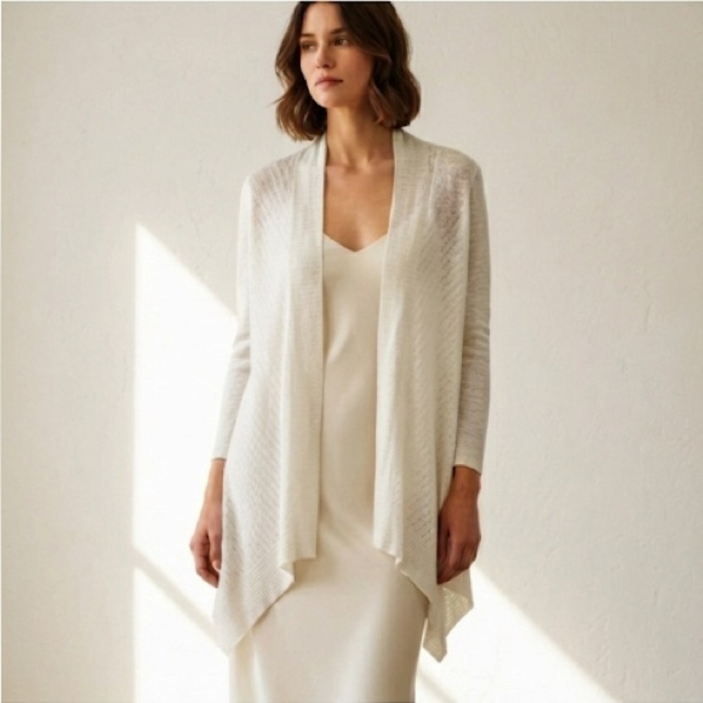 Eileen Fisher cream cotton linen open front draped cardigan - Medium - Picture 2 of 8